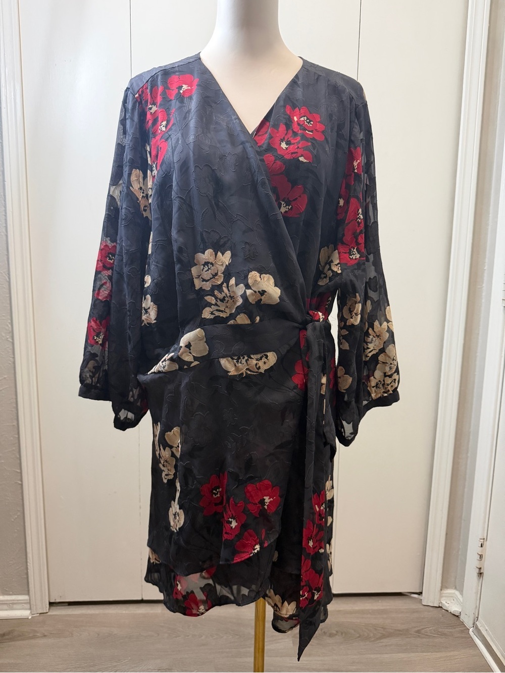 Torrid wrap Black Dress with Red Floral Accents - Picture 2 of 11